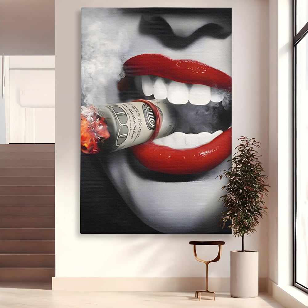 Tablou canvas cu tablou canvas cu buze rosii si bancnota, fara rama, pe sasiu de lemn